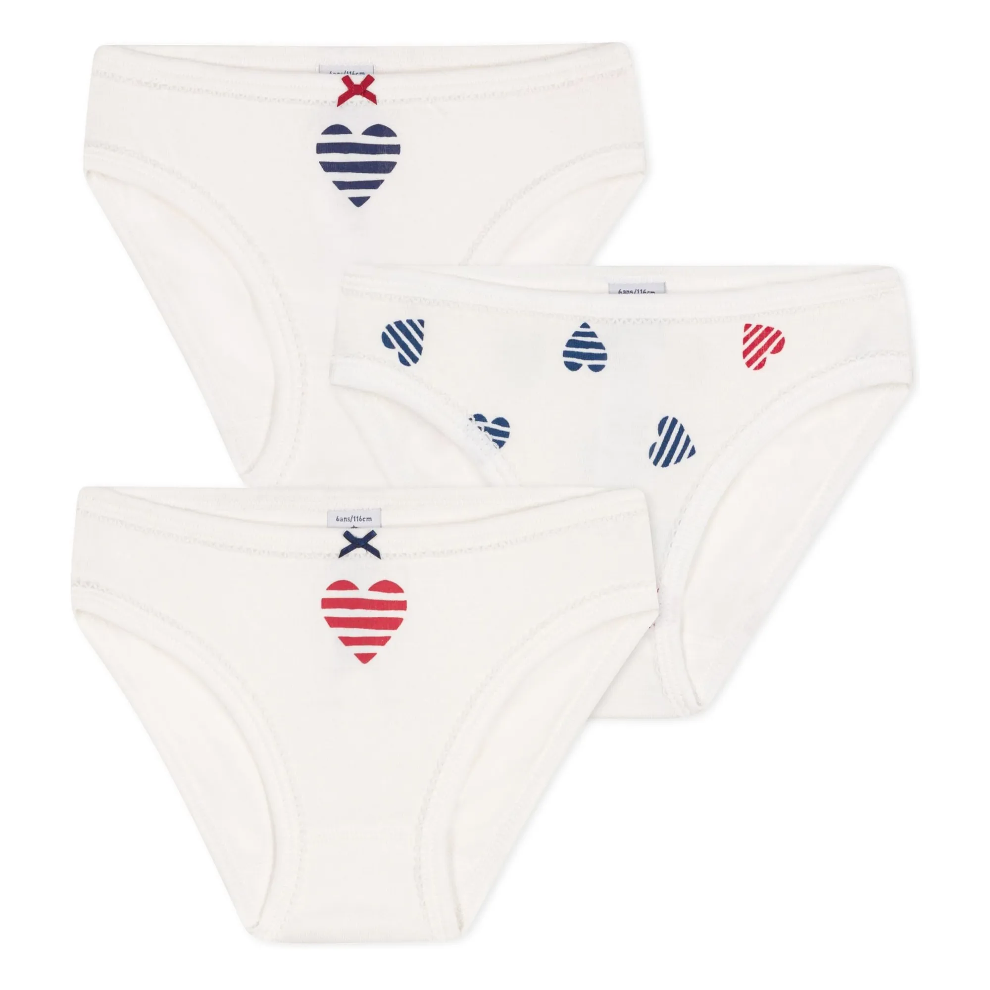 Petit Bateau Girls Ecru Set Of 3 Striped Heart Organic Cotton Briefs