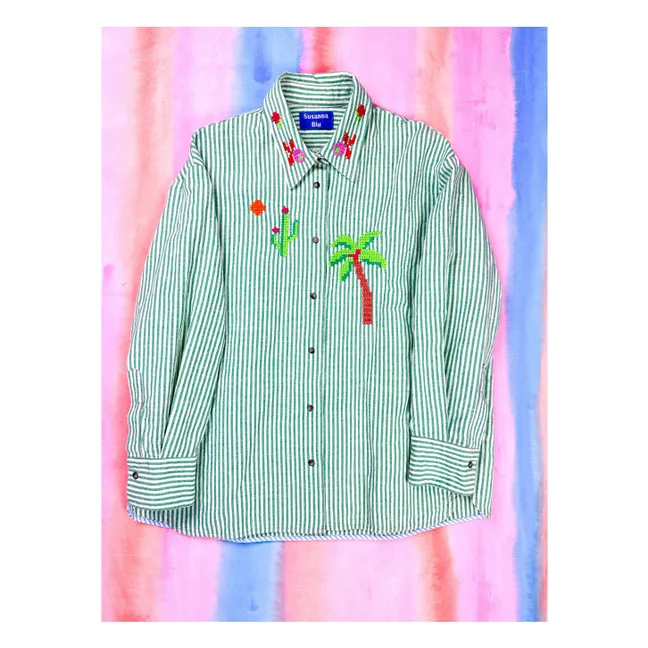 Camisa de rayas de algodón y lino Ibisco | Verde