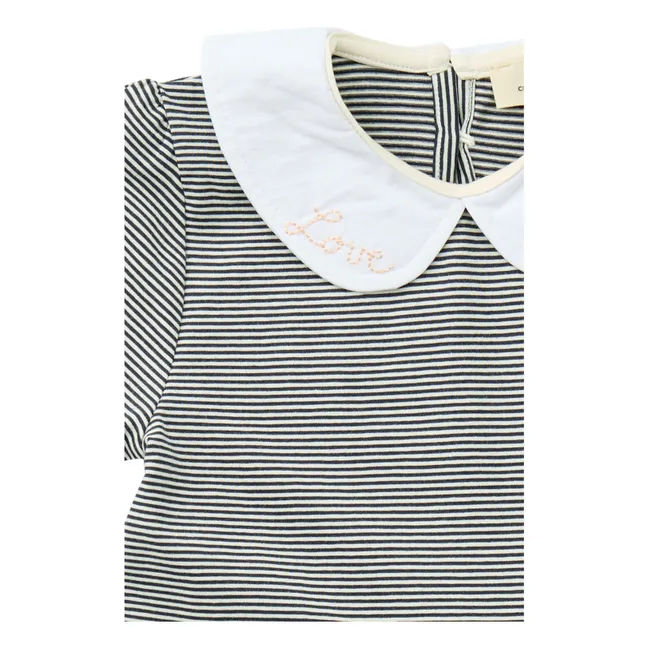 Vestido de algodón orgánico con cuello Claudine a rayas | Azul Marino