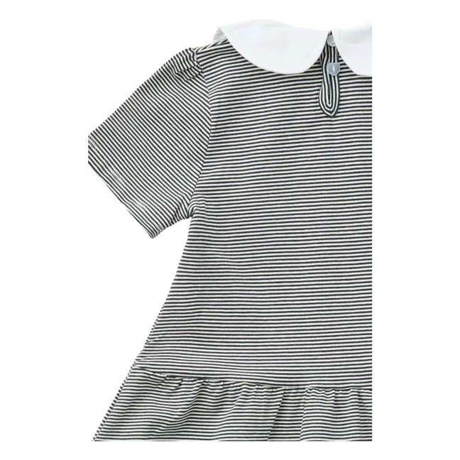 Vestido de algodón orgánico con cuello Claudine a rayas | Azul Marino