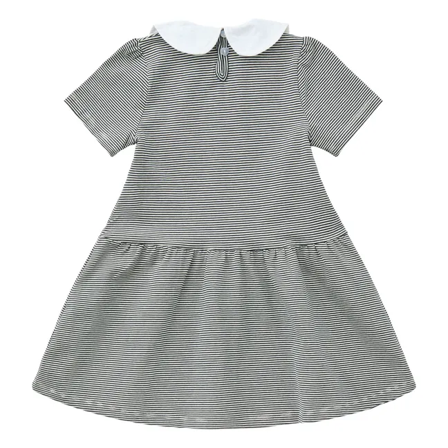 Vestido de algodón orgánico con cuello Claudine a rayas | Azul Marino