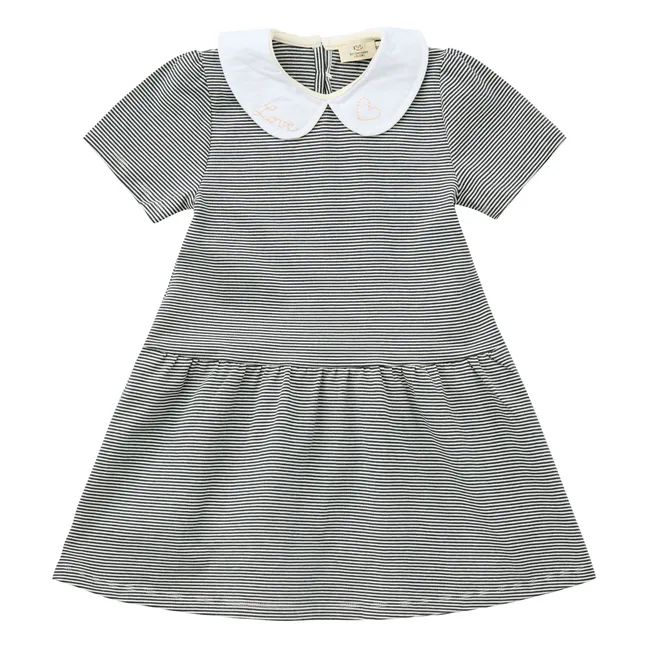 Vestido de algodón orgánico con cuello Claudine a rayas | Azul Marino