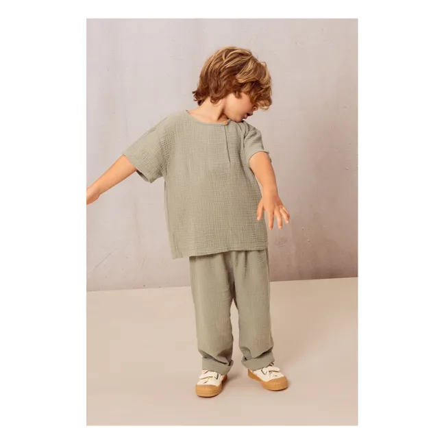 Pantalones de gasa de algodón | Verde Gris