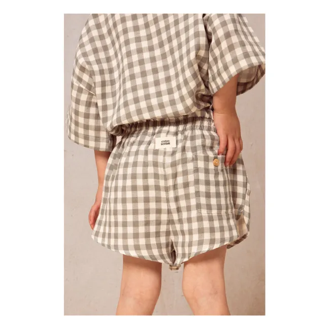 Pantaloncini in garza di cotone gingham | Grigio Verde