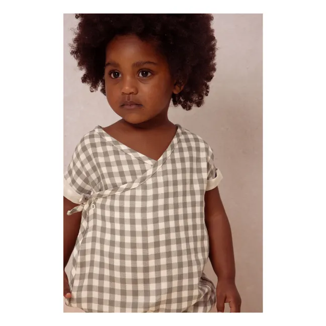 Barboteuse Vichy Gaze de Coton | Gris vert