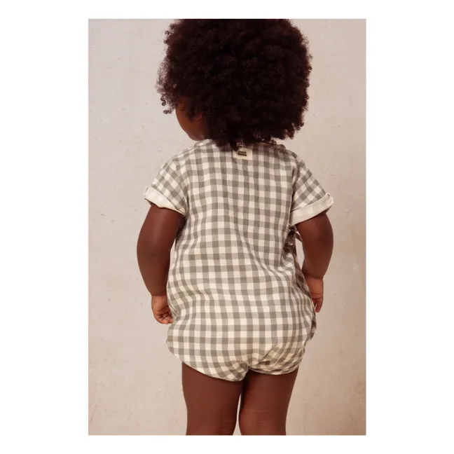 Vichy cotton gauze romper | Grey-green