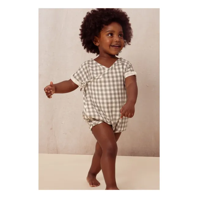 Vichy cotton gauze romper | Grey-green