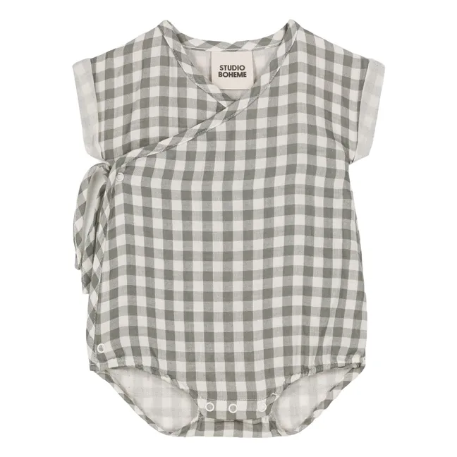 Pelele de gasa de algodón vichy | Gris verdoso