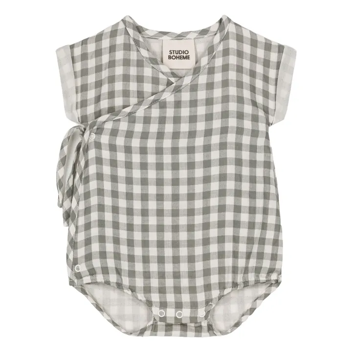 Barboteuse Vichy Gaze de Coton | Gris vert- Image produit n°0