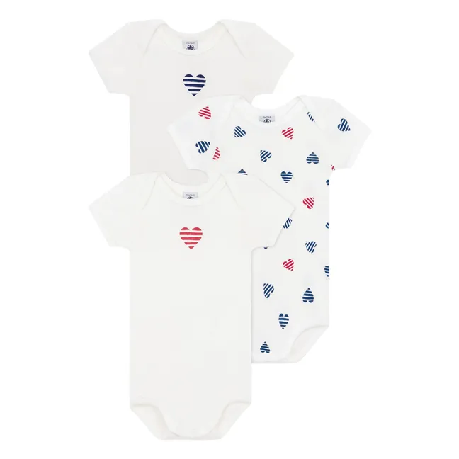 Lot 3 Bodies Cœur Rayé Coton Bio | Blanc