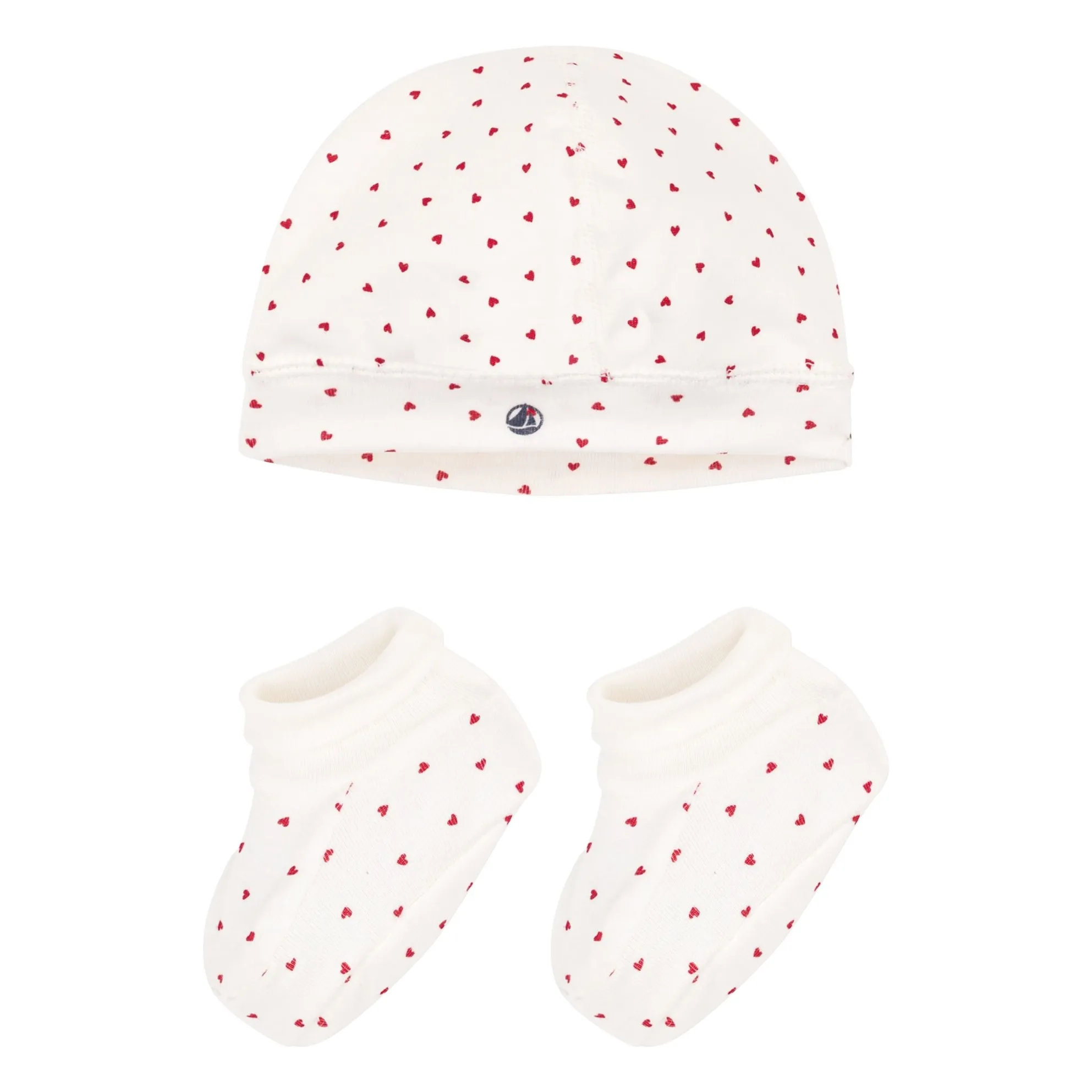 Petit Bateau Unisex Ecru Organic Cotton Heart Bonnet And Slippers Set