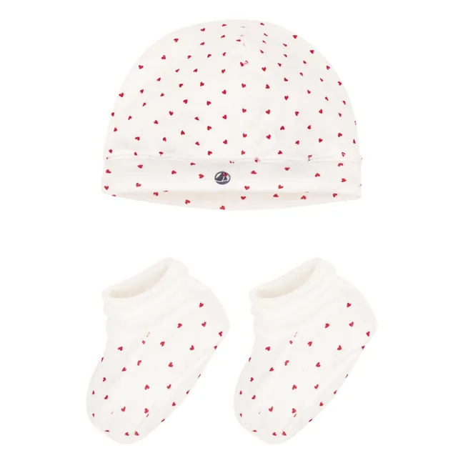 Ensemble Naissance Bonnet et Chaussons Cœur Coton Bio | Ecru
