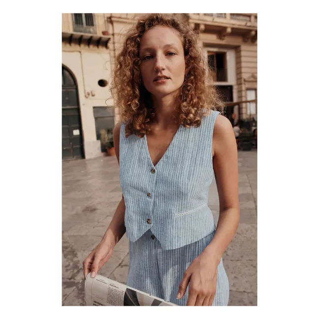 Veste Sans Manches Franckie Rayures Lin et Coton - Collection Femme | Bleu