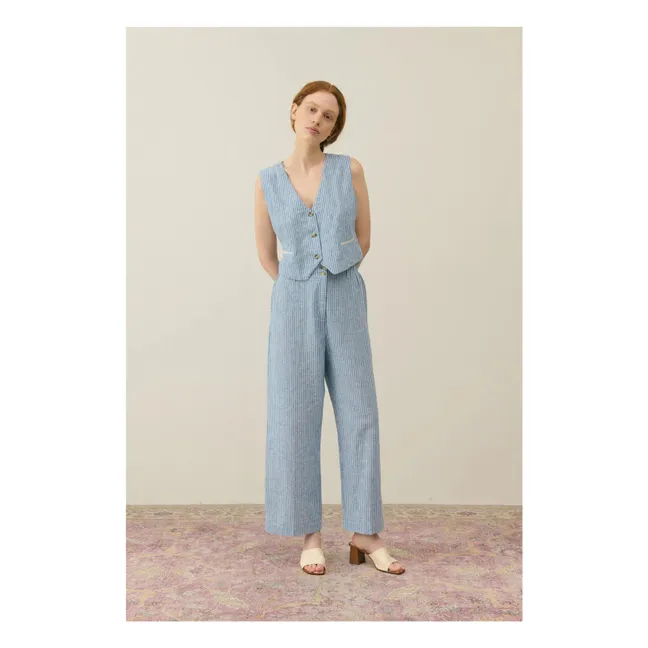Veste Sans Manches Franckie Rayures Lin et Coton - Collection Femme | Bleu
