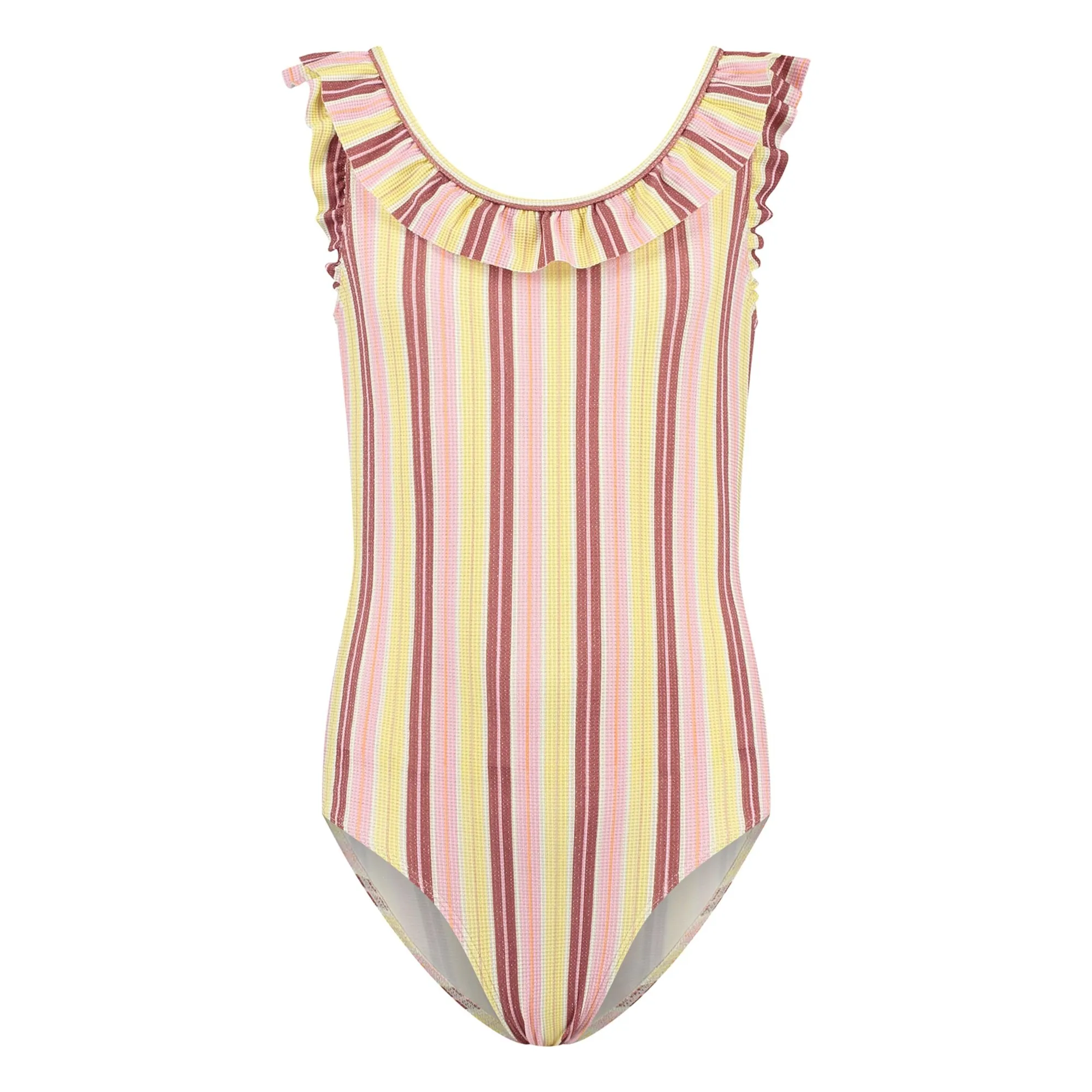 Beachlife Pale Yellow Striped Ruffle Swimsuit
