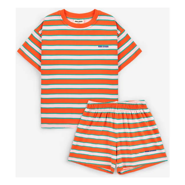 Set di T-shirt e pantaloncini a righe in cotone biologico | Rosso