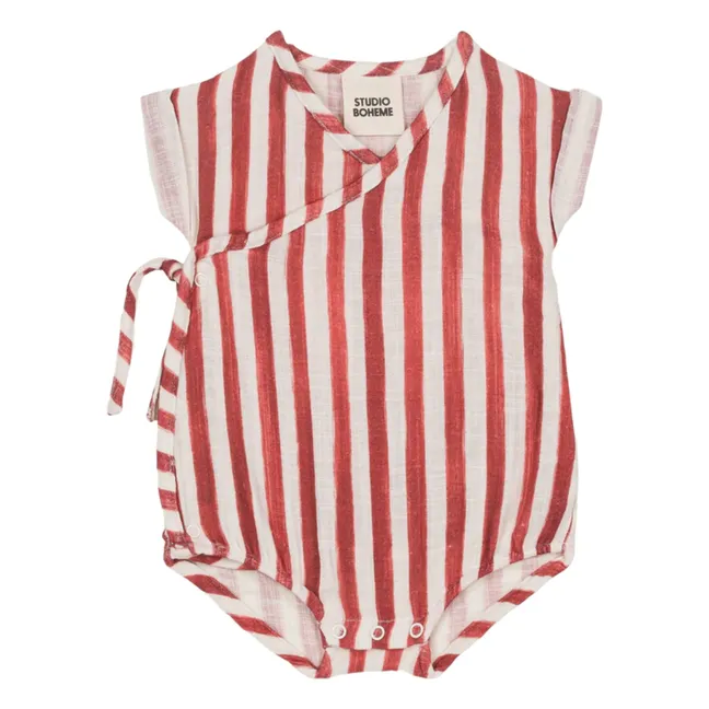 Striped cotton gauze romper | Red