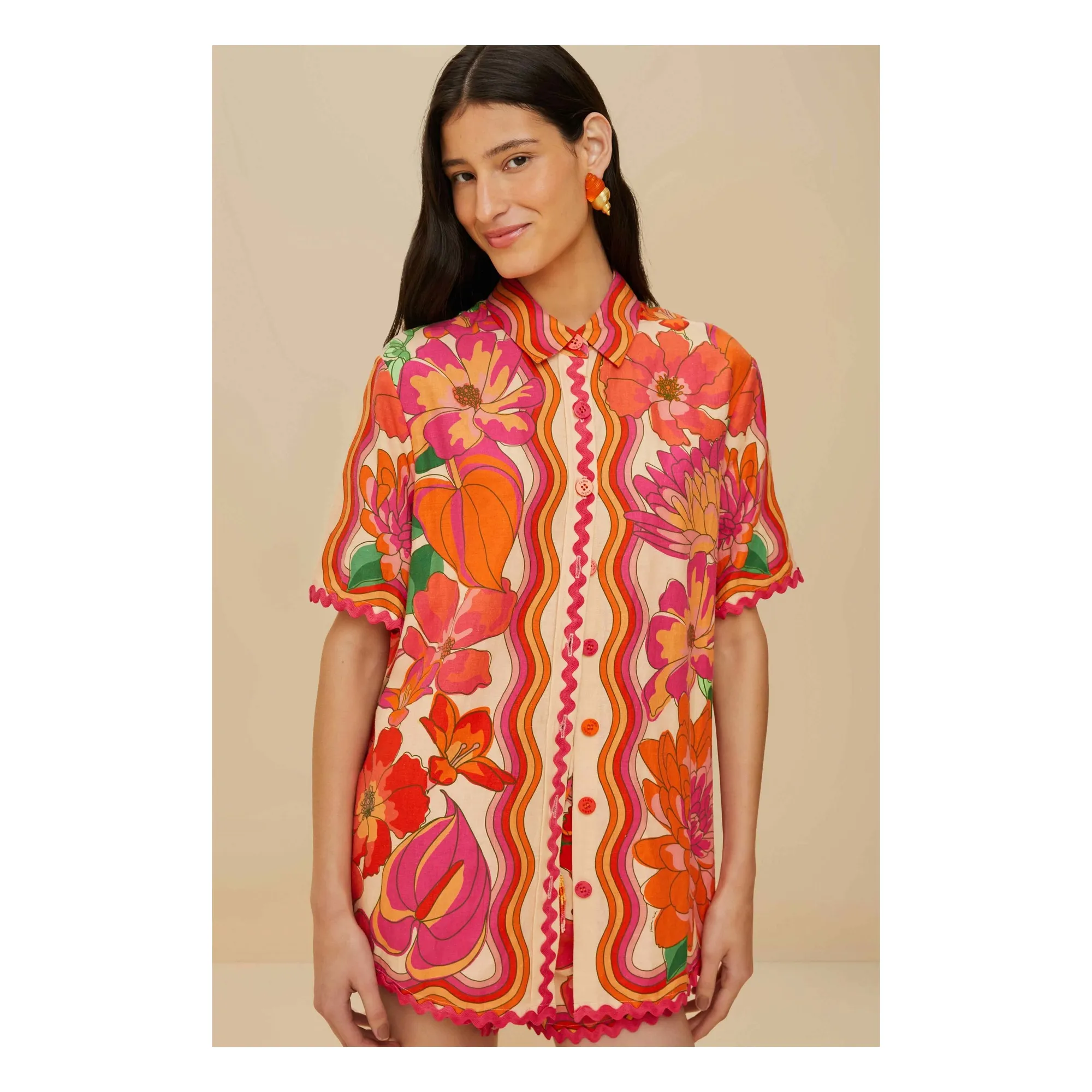 Farm Rio Orange Spring Affair Linen Shirt