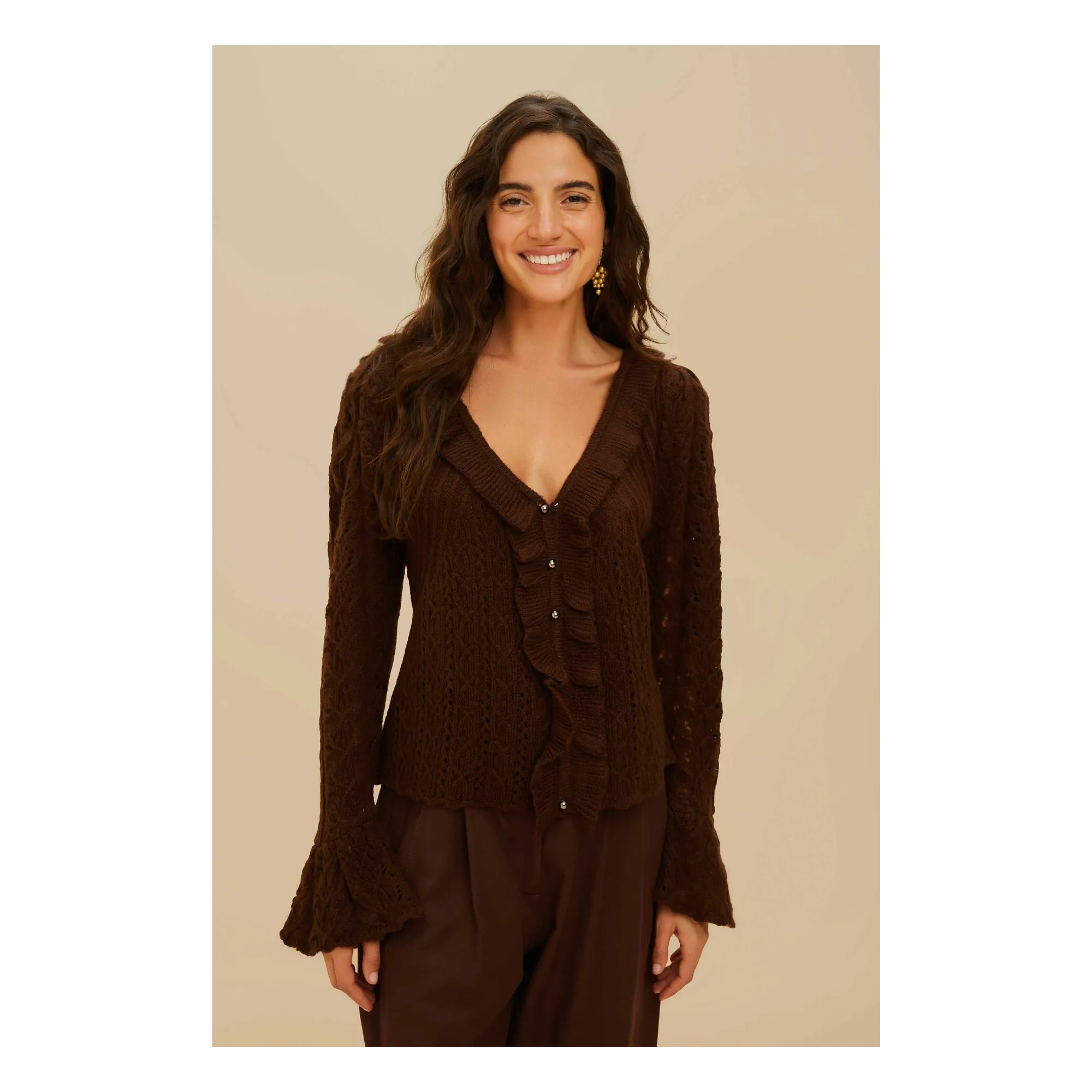 Farm Rio Brown Ruffled Vest Tricots