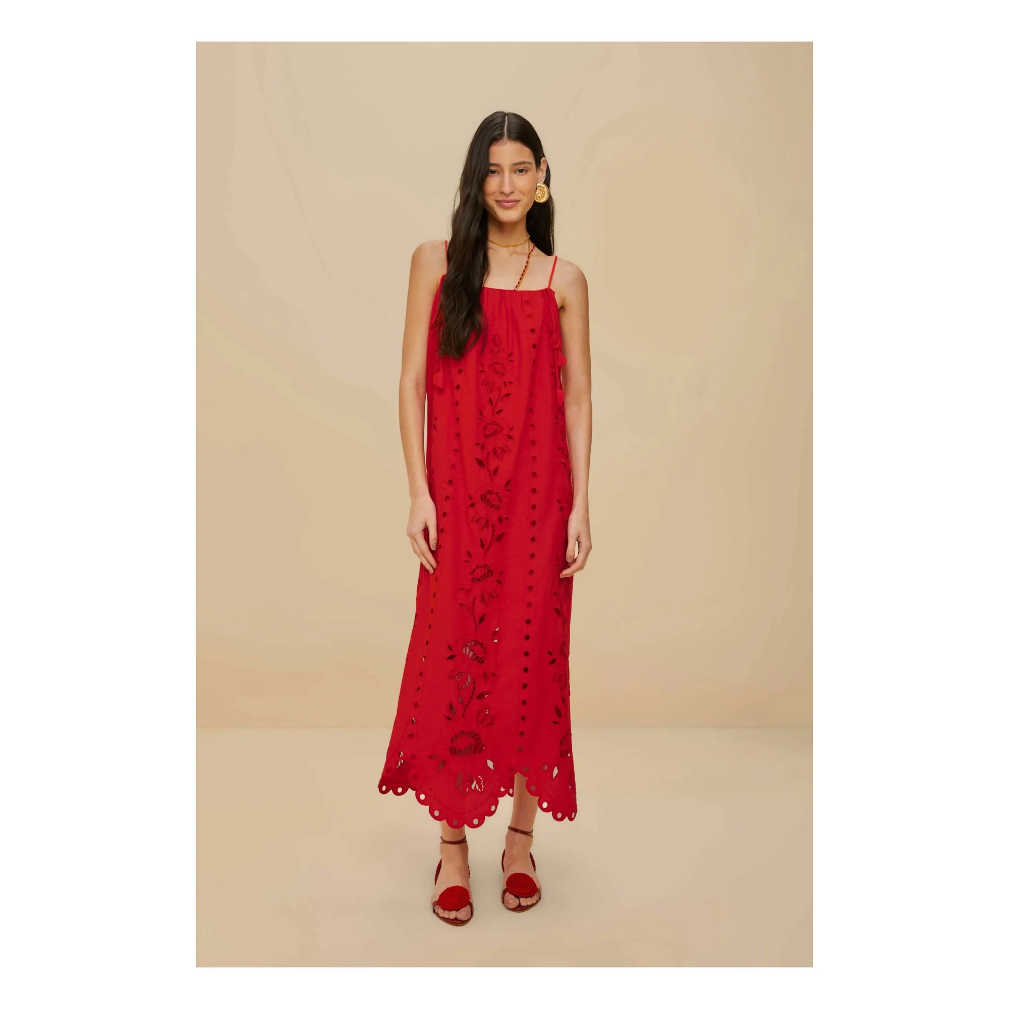 Farm Rio Red Flowers Richelieu Linen Dress