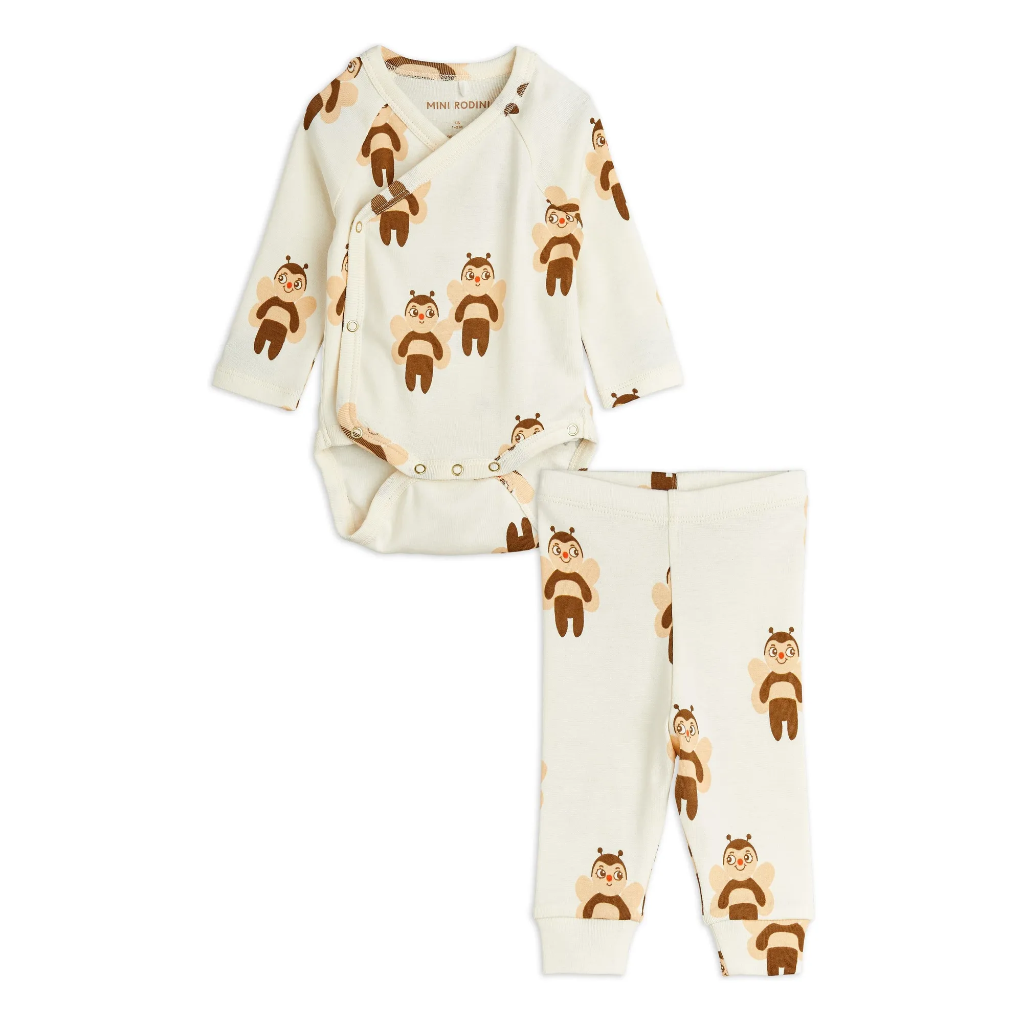 Mini Rodini Ecru Bees Organic Cotton Bodysuit And Leggings Set