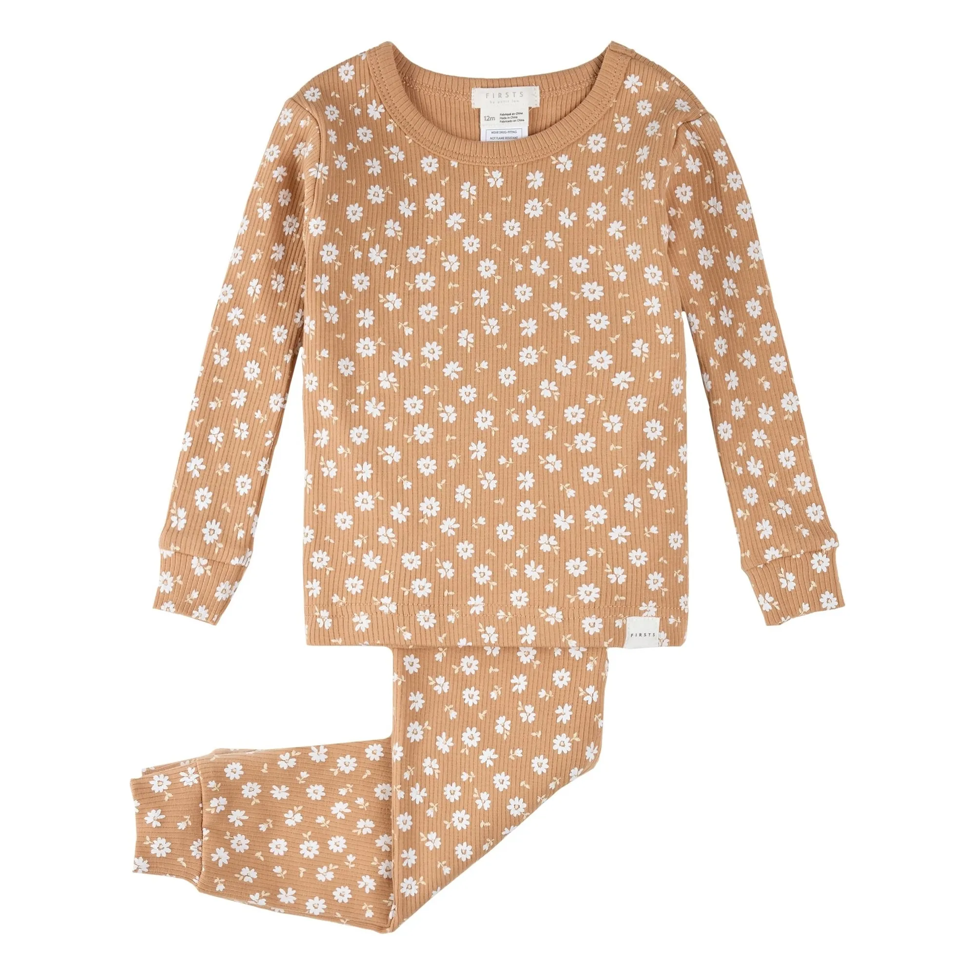 Petit Lem Girls Natural Organic Cotton Floral Ribbed Pyjamas