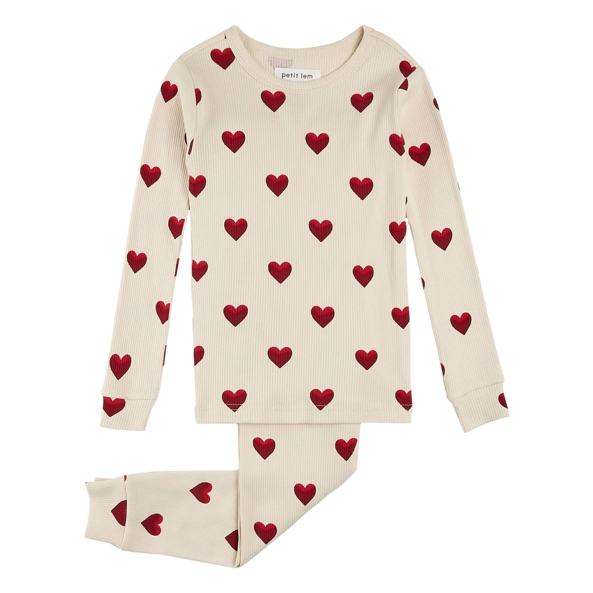 Petit Lem Beige Pyjamas Ribbed Hearts Organic Cotton