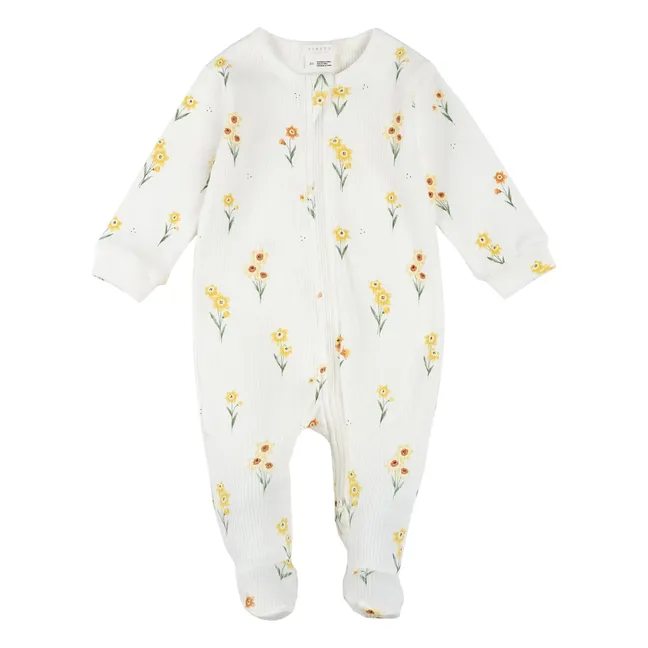 Pyjama Avec Pieds Côtelé Jonquilles Coton Bio | Ivoire