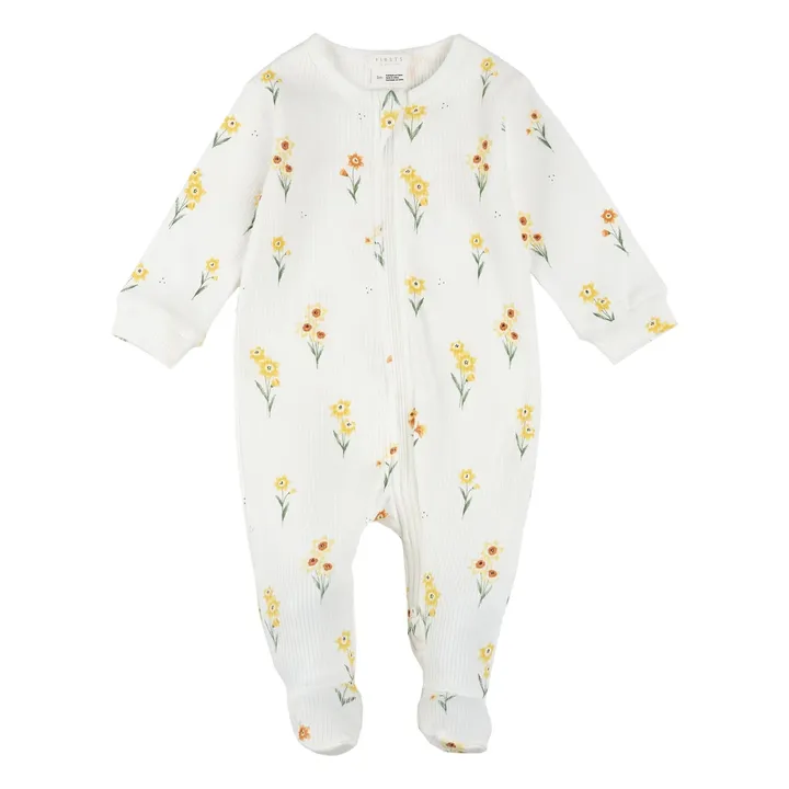 Pyjama Avec Pieds Côtelé Jonquilles Coton Bio | Ivoire- Image produit n°0