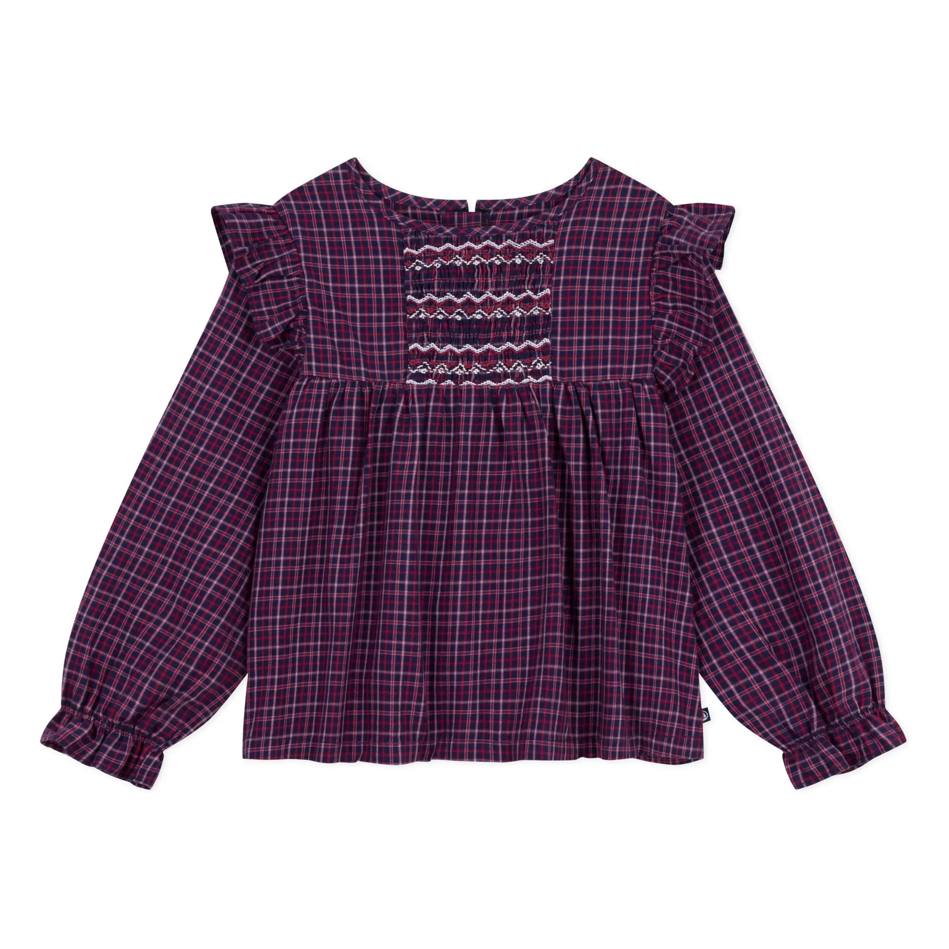 Petit Bateau Navy Blue Organic Cotton Ruffled Plaid Blouse
