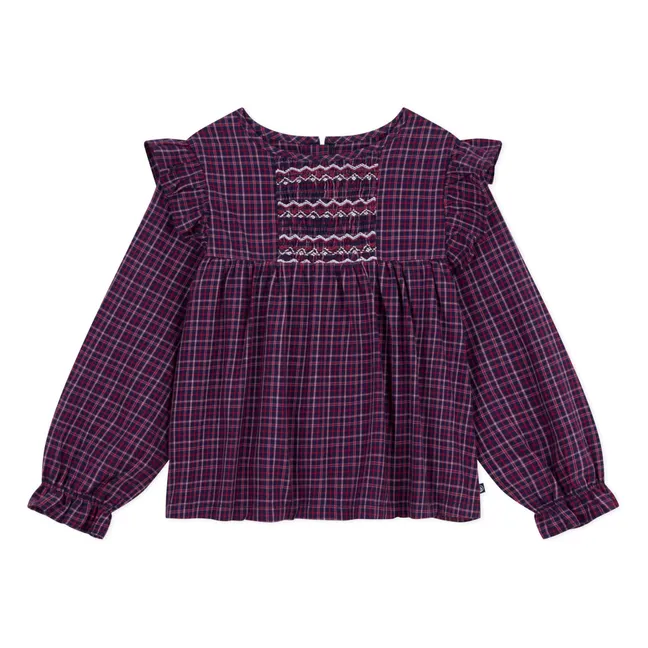 Blouse Volants Carreaux Coton Bio | Bleu marine