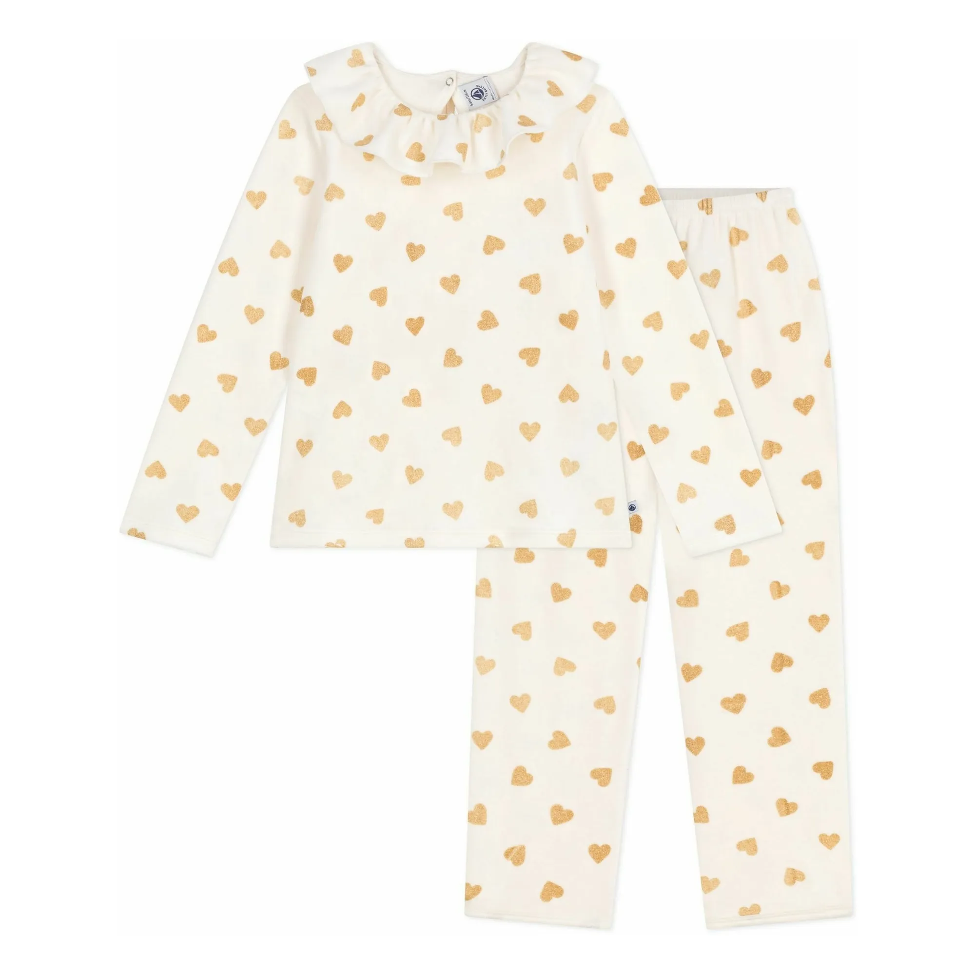 Petit Bateau Ecru Ruffled Pyjamas Glitter Hearts Organic Cotton