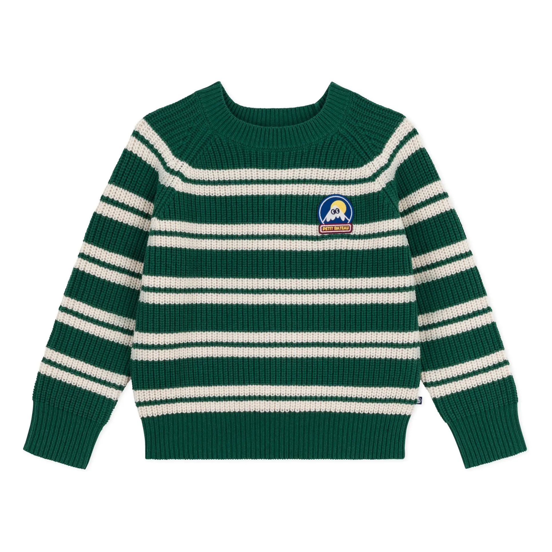 Petit Bateau Chrome Green Striped Wool Logo Sweater