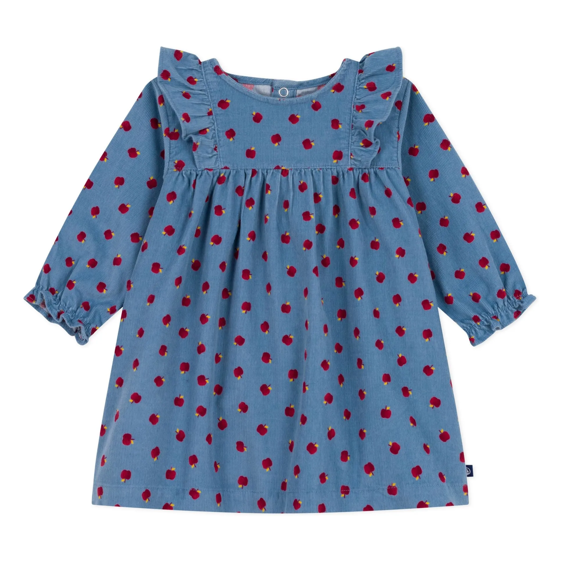 Petit Bateau Blue Organic Cotton Corduroy Apple Ruffle Dress