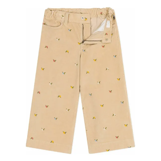 Pantalon Fleuri Velours Côtelé | Beige