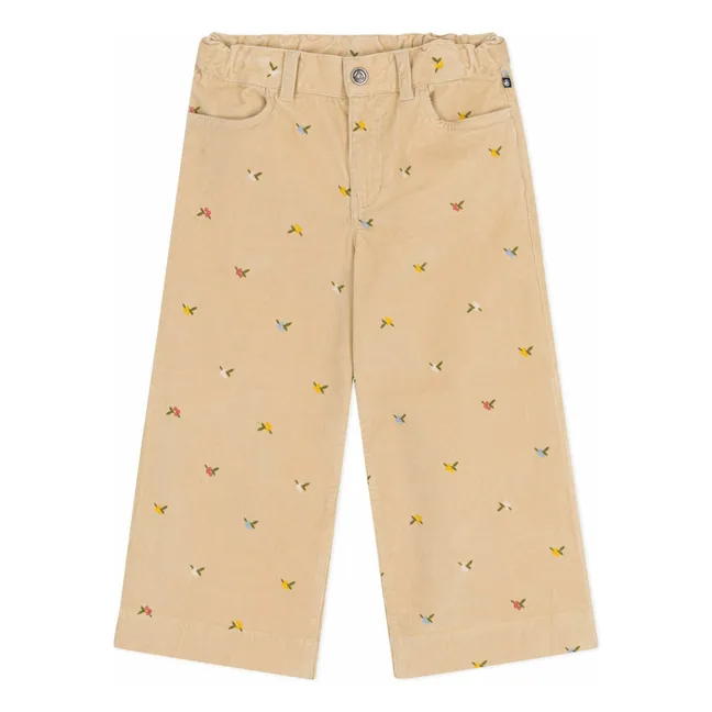Pantalon Fleuri Velours Côtelé | Beige