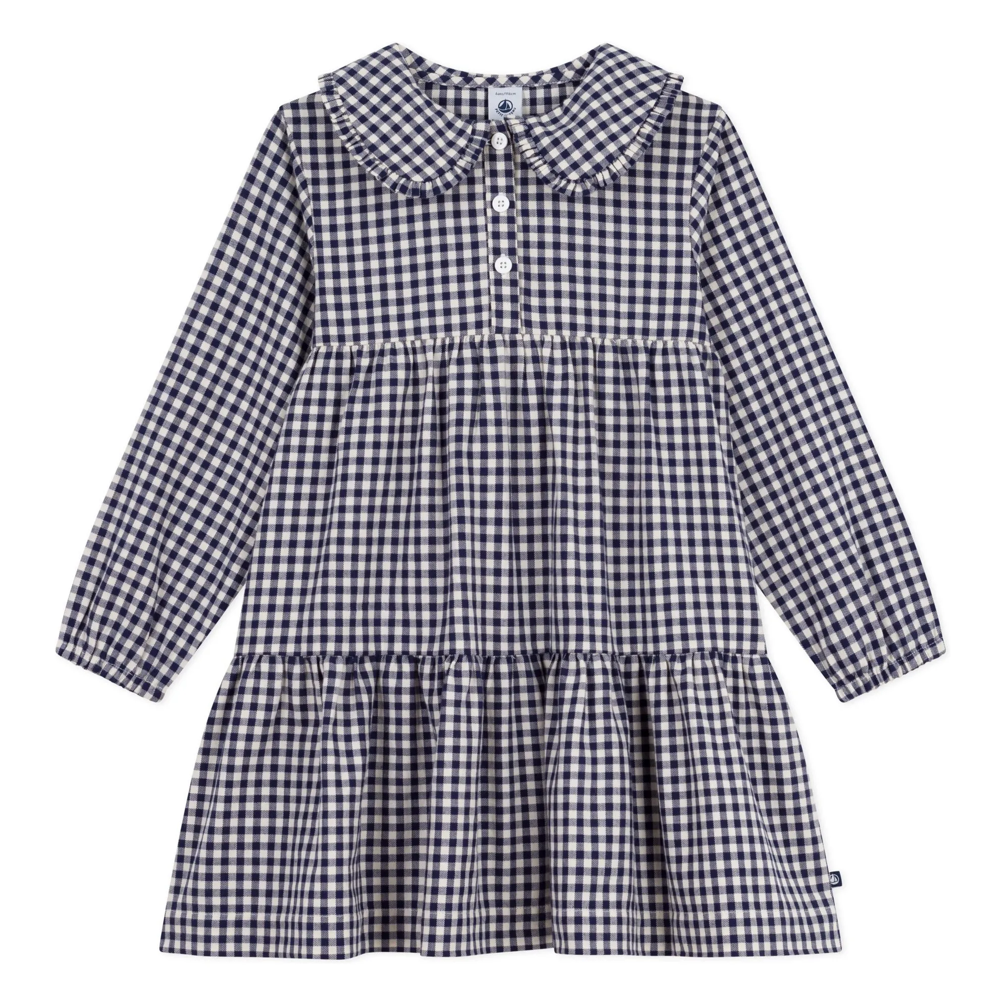 Petit Bateau Navy Blue Claudine Collar Dress Organic Cotton Checks