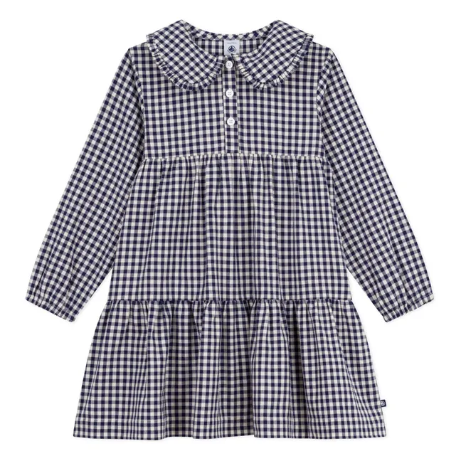 Robe Col Claudine Carreaux Coton Bio | Bleu marine