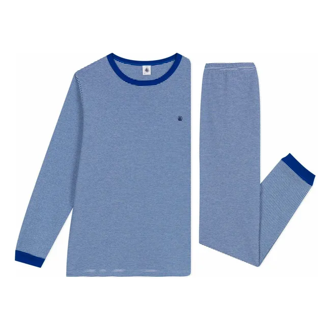Gestreifter Pyjama aus Bio-Baumwolle mit Logo | Blau