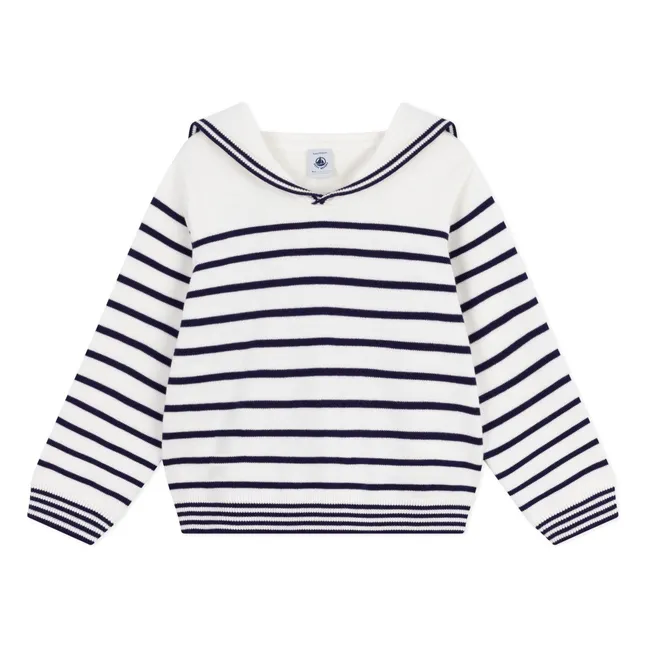 Jersey de algodón orgánico con cuello redondo a rayas | Blanco