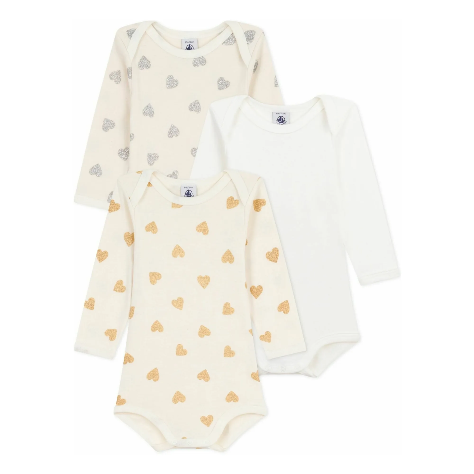 Petit Bateau Ecru Set Of 3 Bodies Glitter Hearts Organic Cotton