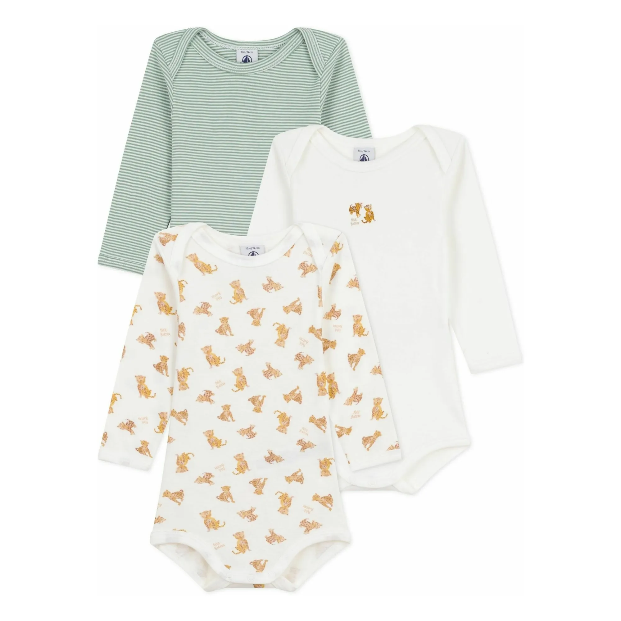 Petit Bateau White Set Of 3 Organic Cotton Cheetah Bodies
