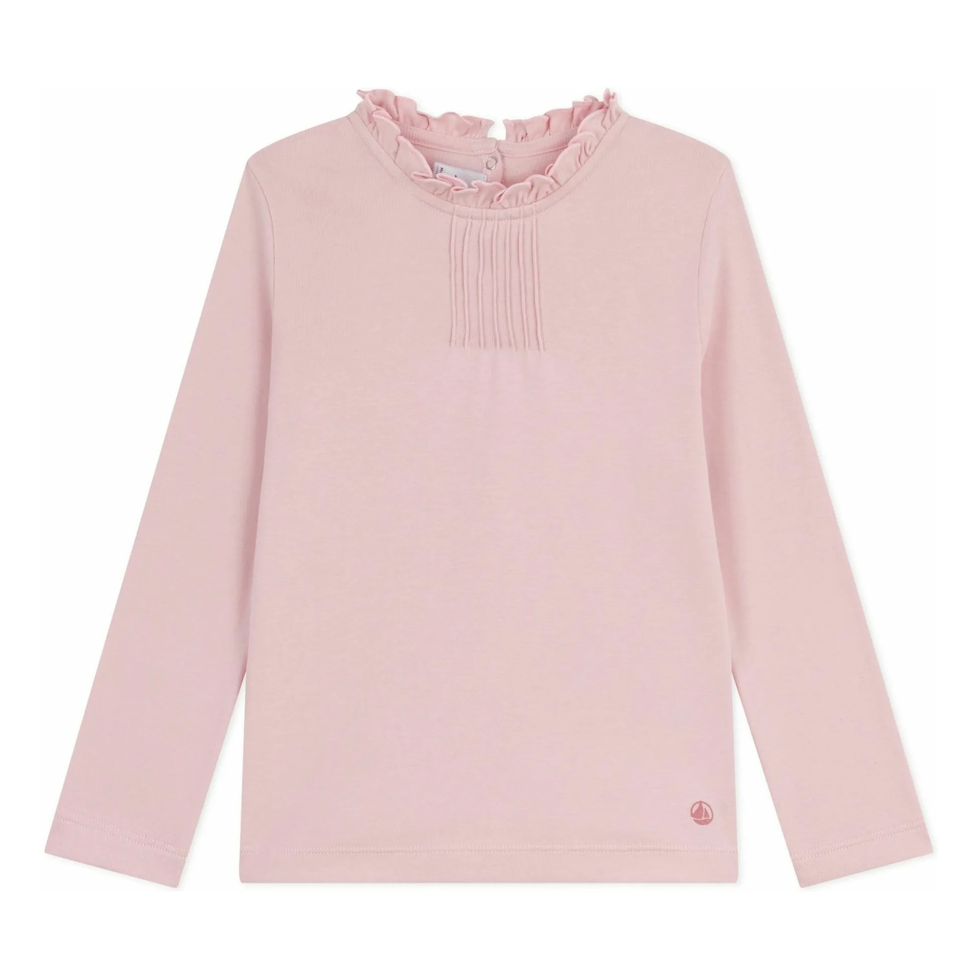 Petit Bateau Pale Pink Organic Cotton Plain T-Shirt With Ruffled Collar