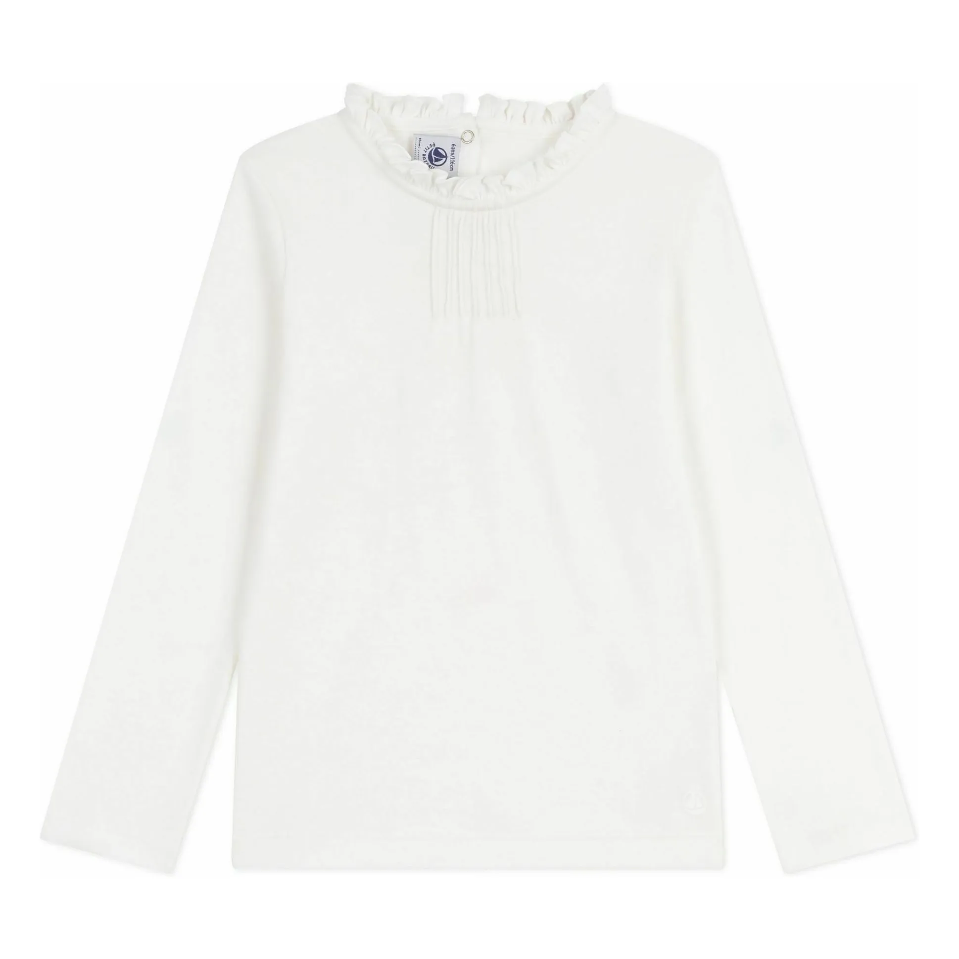 Petit Bateau White Organic Cotton Plain T-Shirt With Ruffled Collar