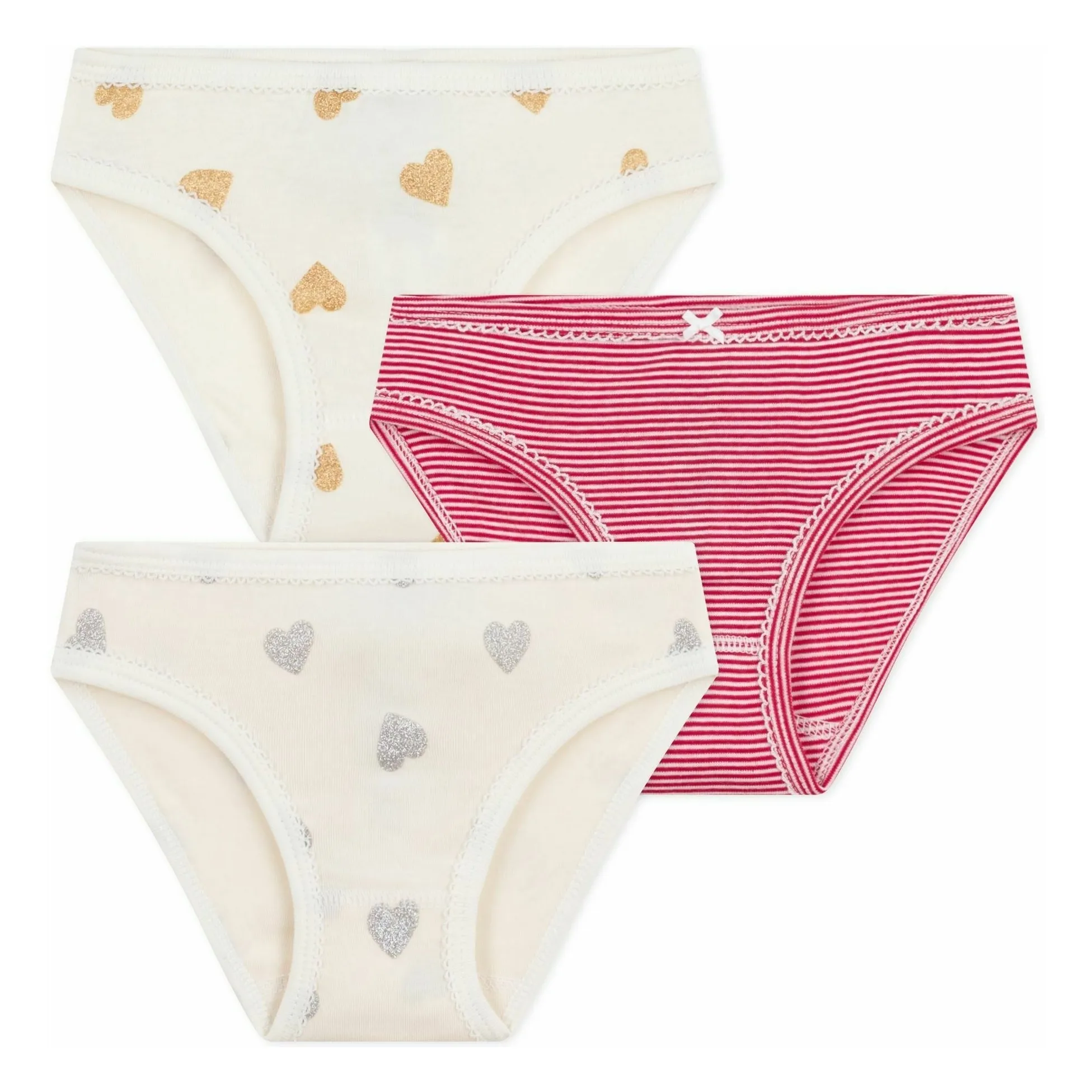 Petit Bateau Ecru Set Of 3 Glitter Hearts Panties