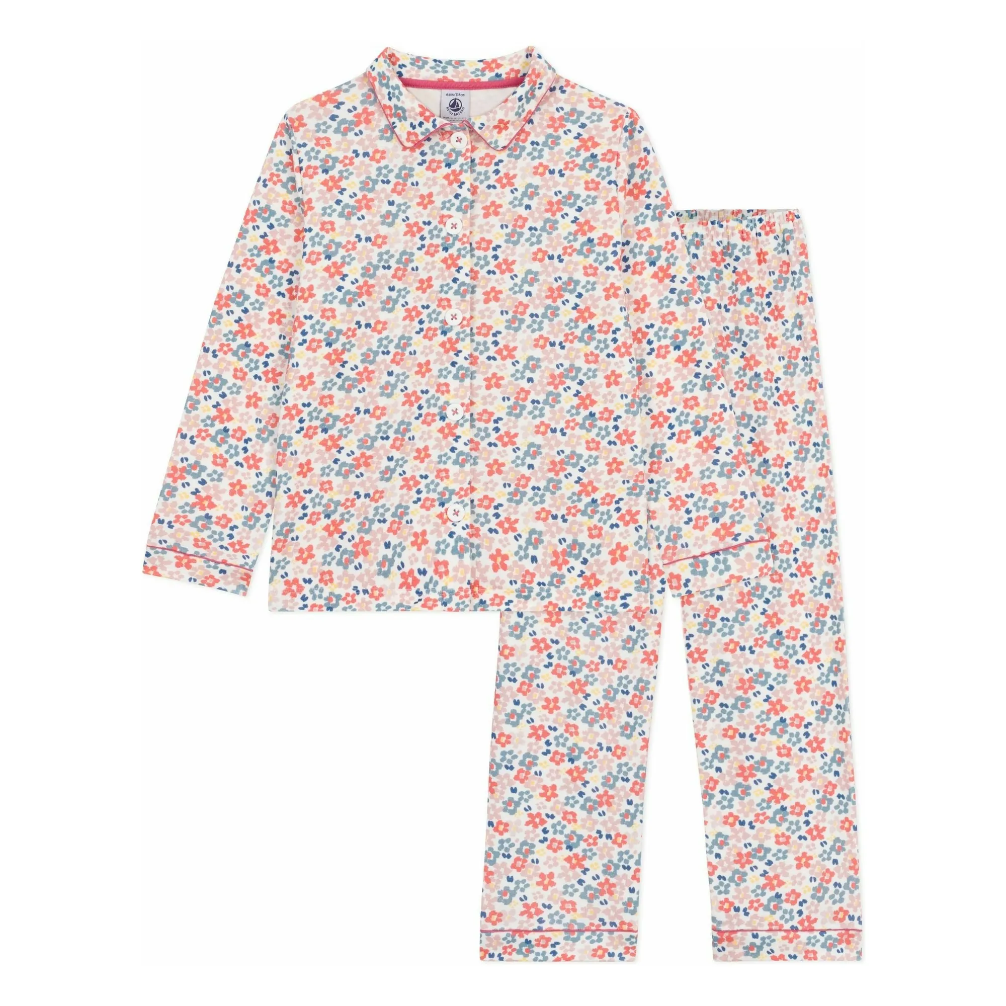 Petit Bateau White Organic Cotton Flowered Pyjama Shirt And Trousers