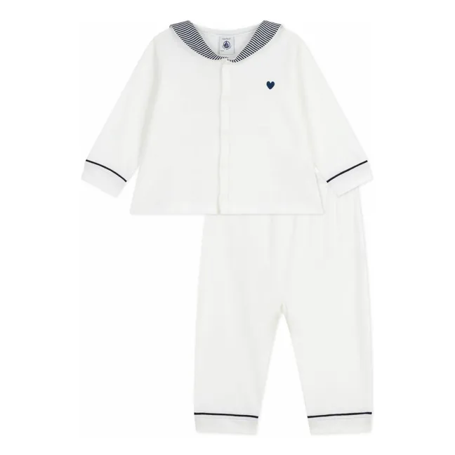 Pyjama Col Rayé Coton Bio | Blanc
