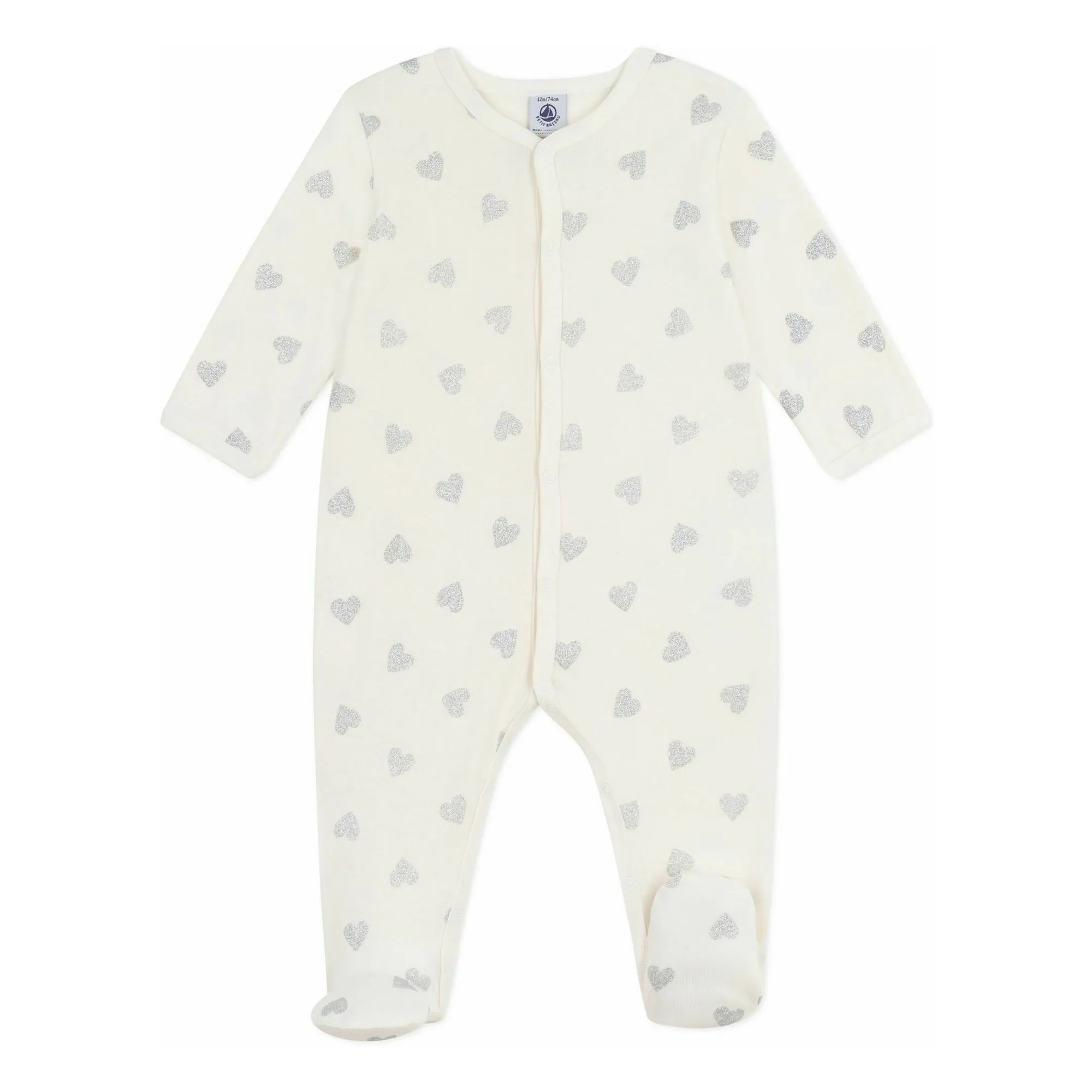 Petit Bateau Ecru Pyjamas Dors Bien Cœurs Pailletés Organic Cotton