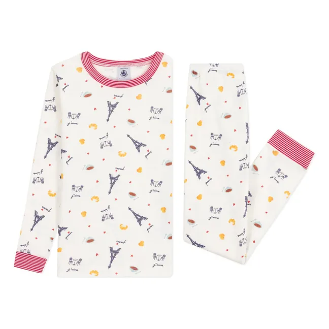 Pyjama Paris Col Rayé Coton Bio | Weiß
