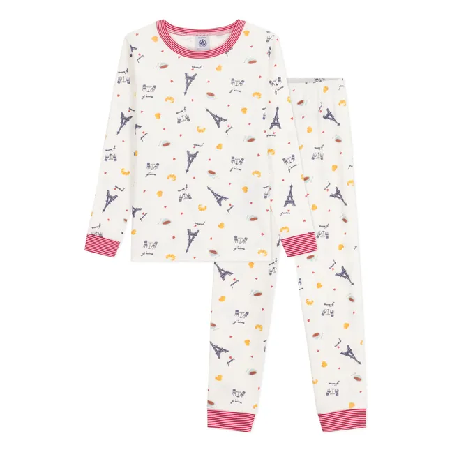 Pyjama Paris Col Rayé Coton Bio | Weiß